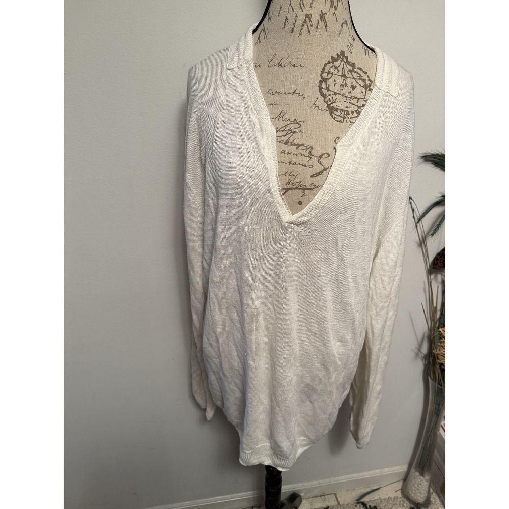 AX Armani Exchange Linen Top For Women V Neck Long Sleeves Collared Sz 2XL White